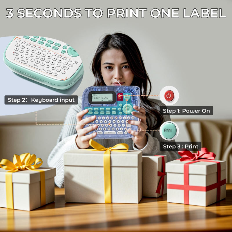 [AUSTRALIA] - Label Maker Machine with Tapes, D210S Label Maker with Keyboard, Handheld Labeler Machine with-Tape 12mm 0.47 Laminated White, Multiple Symbols for Home Office School Kids Use Green 