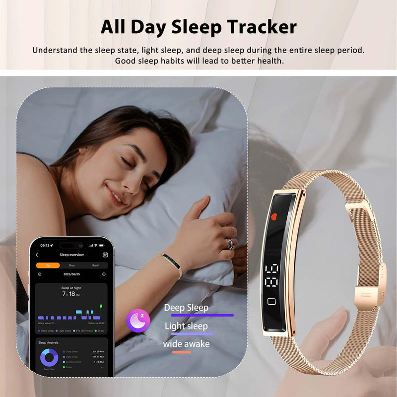 Smart Bracelet for Men Women with 2 Bands 24/7 Fitness Health Tracker | Heart Rate/Pressure Detection/Sleep Monitor, 5ATM Waterproof Fashion Wristband with Multiple Sport Modes Android iOS Gold Steel + Black Silicone