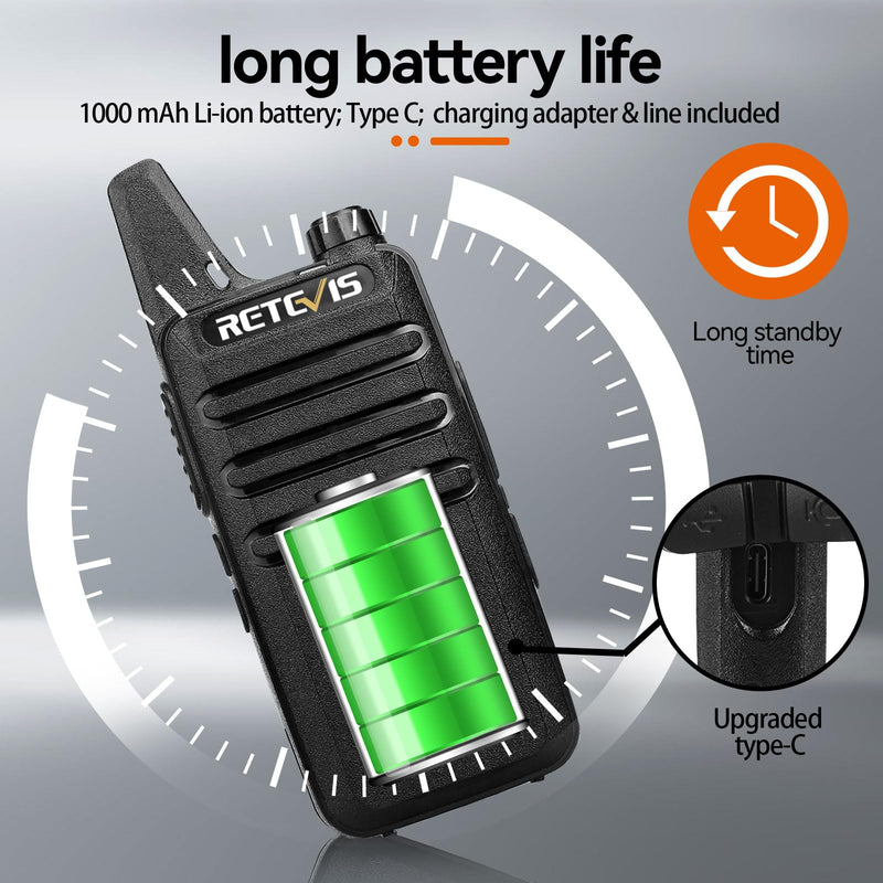 Retevis RT22 Two Way Radio Long Range Rechargeable,Portable 2 Way Radio,Upgrade Type C Handsfree Walkie Talkies for Adults Cruise Hiking Hunting Skiing(4 Pack) Black