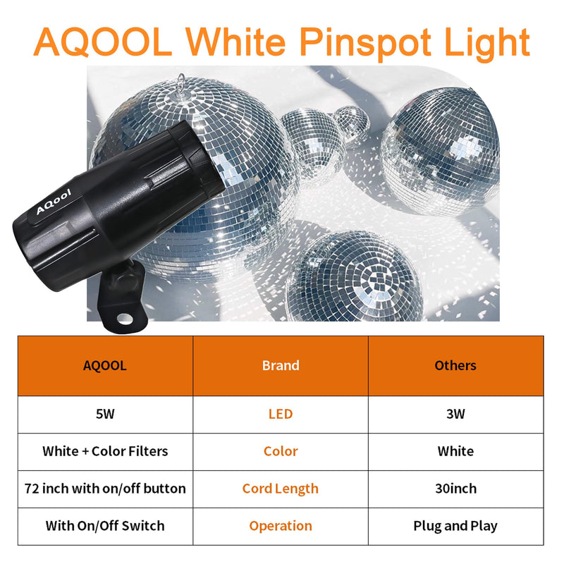 Disco Ball Spotlight 2 Pack, AQOOL Mini Pinspot Lights 5W White LED Beam Pin Spot Light Mirror Dsico Ball Light with ON/Off Button for Disco Party Bar DJ Events (No Remote)