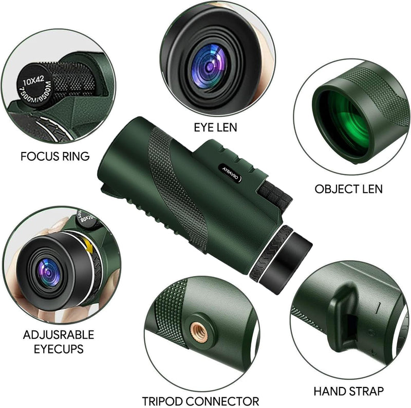 Birthday Gifts for Men Dad Him Husband Teen, 10×42 Monocular Telescope for Adults, High Powered FMC & BAK4 Scope, Compact Monocular, White Elephant Gift, Outdoors Survival Hiking Gear for Adventure GREEN