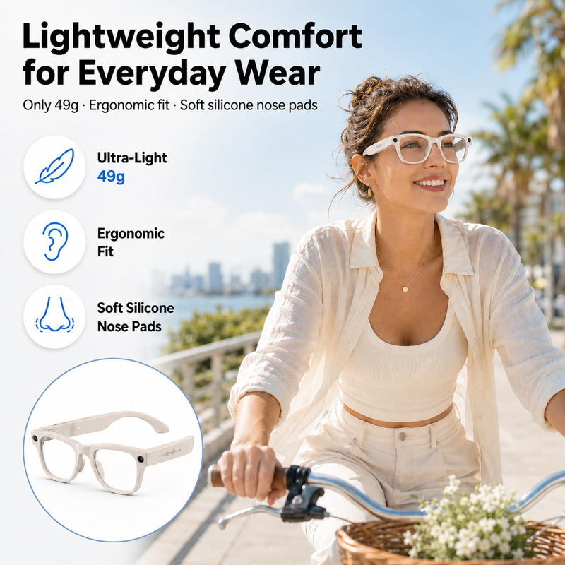 AI Smart Glasses with Camera Stabilization - 8MP POV Video Recording, Real-Time AI Translation, Smart Assistant, Dual-Mic Noise Canceling for Travel & Meetings - Anti-Blue Light, Beige Frame