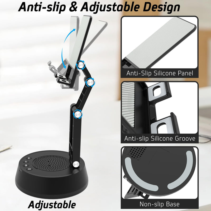 Cell Phone Stand with Wireless Bluetooth Speaker,Adjustable Height and Angle Phone Stand for Desk, HD Stereo Sound & Anti-Slip Base Phone Holder Speaker Compatible with iPhone,Gifts for Men Women Black