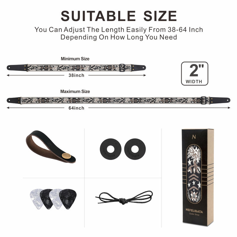 Nefelibata Guitar Strap, 2" Embroidery Full Grain Leather Ends Guitar Straps with Hidden Pocket, for Bass, Electric and Acoustic Guitars, Strap Button, Strap Locks and Guitar Picks Mystery Totem-beige