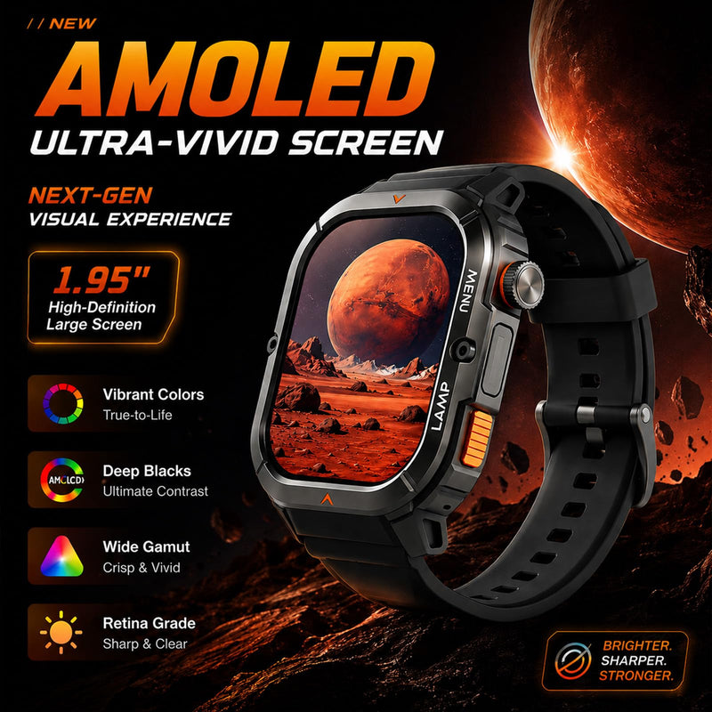AGM 1.95" AMOLED Rugged Smartwatch, Wrist Call, Heart Rate, SPO₂ & Sleep Monitor, Fitness Tracker, Notification, Weather, Find Phone, Music & Camera Control, Custom Watch Faces 1.95 Inch