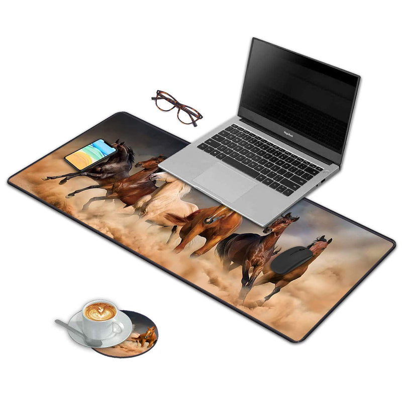 Desk Pad Mat Gaming Mouse Pads with Coasters, Office Desk Mat 31.5" ×11.8" Large Gaming Mouse Pad Durable Extended Computer Mouse Pad with Non-Slip Rubber Base for Office & Home (Galloping Horse) Galloping Horse