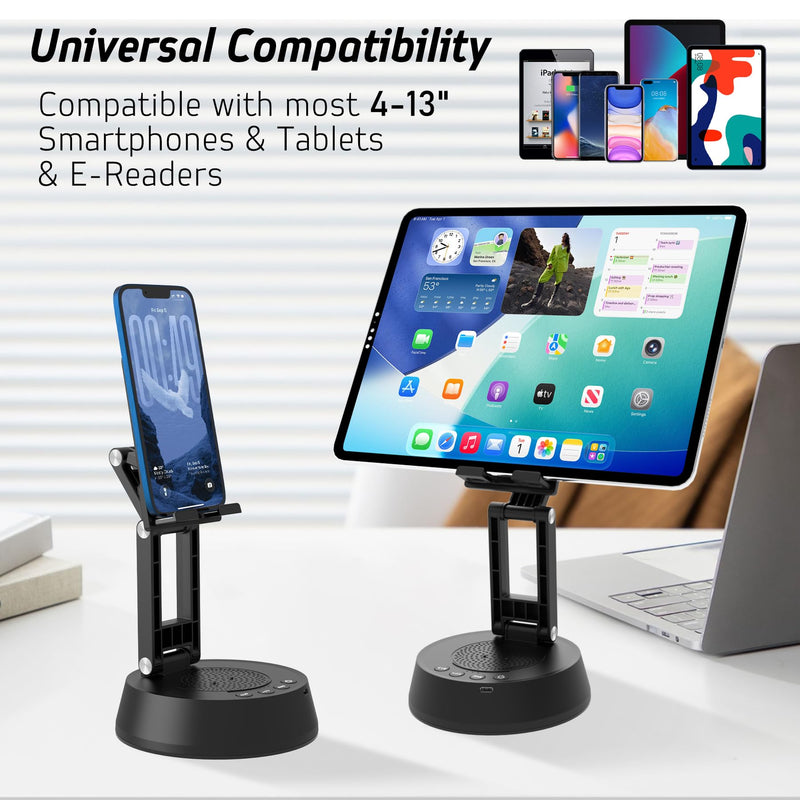 Cell Phone Stand with Wireless Bluetooth Speaker,Adjustable Height and Angle Phone Stand for Desk, HD Stereo Sound & Anti-Slip Base Phone Holder Speaker Compatible with iPhone,Gifts for Men Women Black