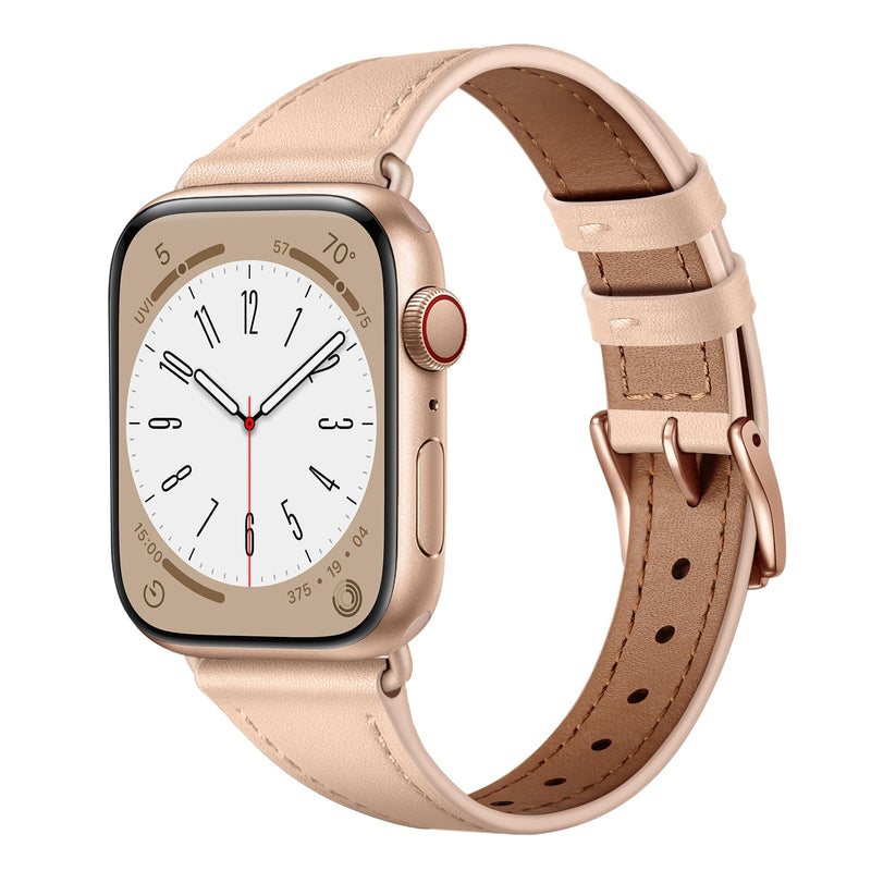 XCCYBTT Slim Leather Bands Compatible with Apple Watch Band 42mm 41mm 40mm 38mm, Genuine Leather Band Strap for iWatch Series 10/9/8/7/6/5/4/3/2/1/SE Women, Black/Rose Gold and Pink Sand/Rose Gold