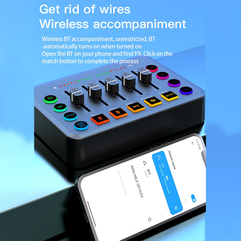 Portable Sound Card Wireless Live Streaming Audio Mixer for Podcasting Karaoke Gaming Noise Reduction RGB Lights 4-Custom Recording Buttons BT5.0 Compatible with PC/Phone