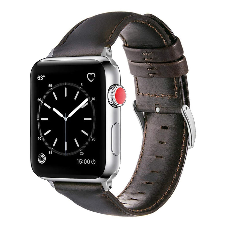 Speidel 38/40/41 and 42/44/45mm Genuine Luxury Black OR Brown Leather Band with Stainless Steel Adapters and Buckle Compatible for use with the Apple Watch. 38mm/40mm Brown w/Silver Adapter