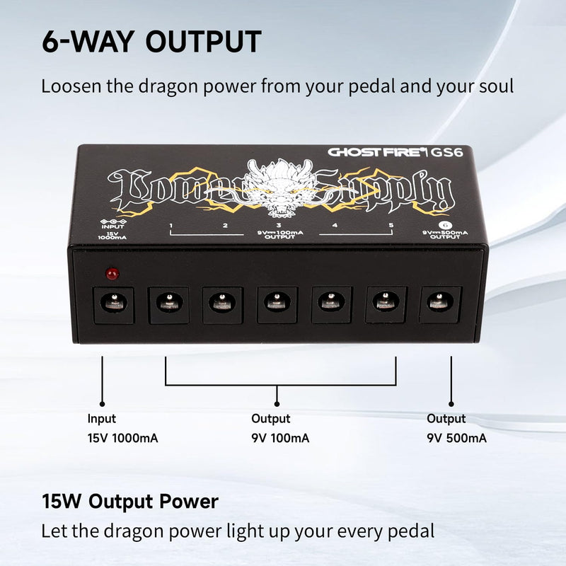 GHOSTFIRE GS10-SV2 GS6 Guitar Pedal Power Supply 9V/1000mA High Current for 9V/12V/18V Effect Pedals (GS6)