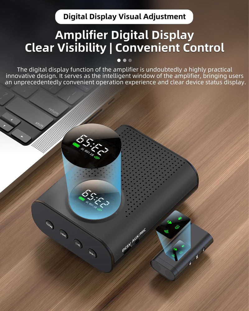 [AUSTRALIA] - Rechargeable Voice Amplifier Wireless Microphone for Teachers Classroom, Mini Lavalier Lapel Mic Clip Magnetic, Portable Bluetooth Speaker with LED Display for Class, Tour Guide, Coaches, Black Amplifier + 1 MIC 