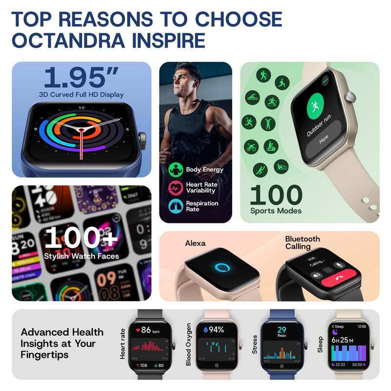 OCTANDRA Inspire VeryFit 1.95" Bluetooth Answer Call Alexa Smart Watch Body Energy Heart Rate HRV Oxygen Saturation Sleep Monitor Step Tracker IP68 Fitness Watches for Men Women (IDW16) (Black) IDW16 - Black