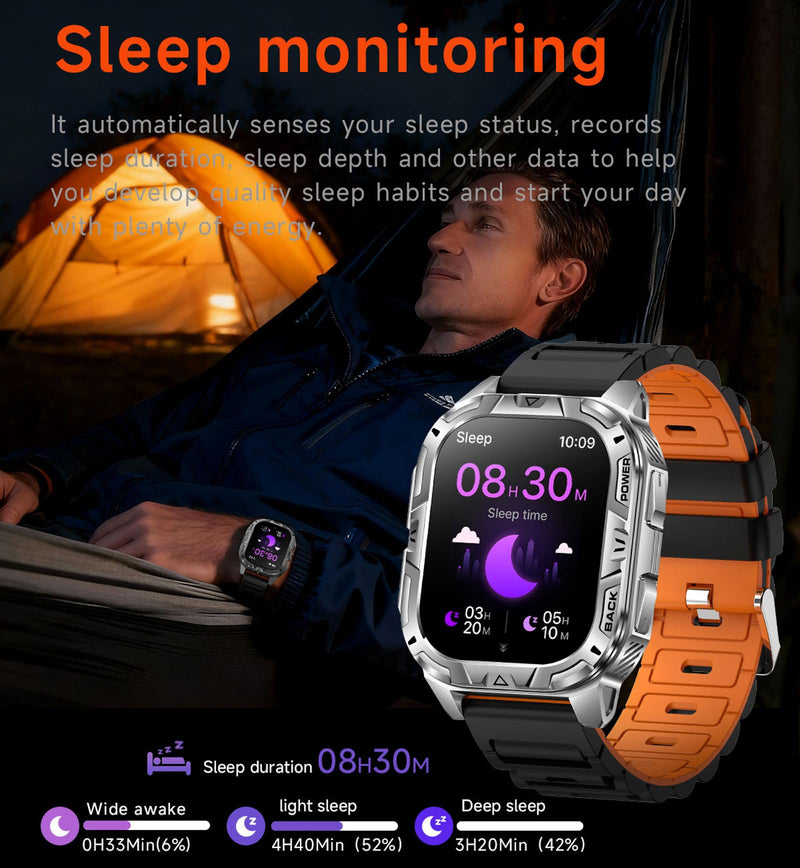 Yihou Mens Military Smart Watch for Men 2.01” Full Touch Screen Bluetooth Calling Heart Rate Sleep Monitor Step Counter Calorie Tracker IP68 Waterproof Outdoor Smartwatch 900mAh Long Battery Life Black-SS