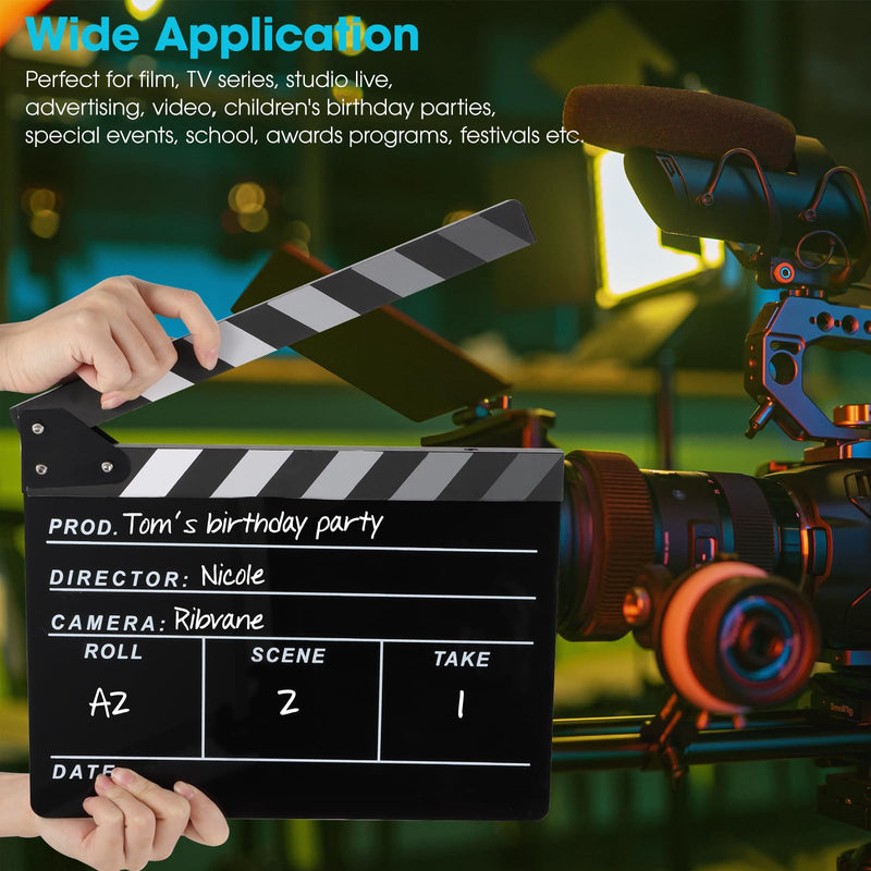 Film Directors Clapboard, Move Slate Photography Video TV Cut Action Scene Acrylic Clapper Board Props with a Magnetic Blackboard Eraser, Two Custom Pens, Cleaning Cloth and Hex Wrench (Black) Black
