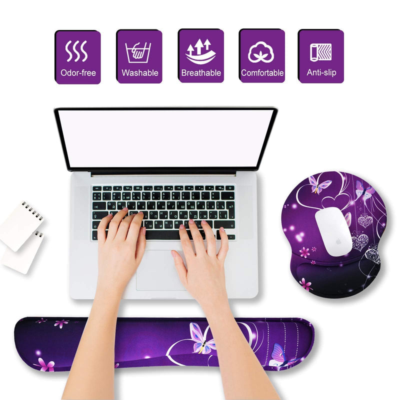 ArtSo Upgraded Wrist Rest Support for Mouse Pad & Keyboard, Ergonomic Gel Mousepad Non-Slip Rubber Base Home ,Office Pain Relief, Easy Typing Cushion Neoprene, Soft Memory Foam, Purple Heart butterfly