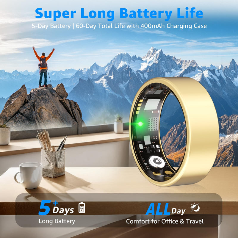 Smart Ring No Subscription, Health Tracker Ring for Women (Gold, 8#) | Tracker Sleep, Blood Oxygen, Heart Rate, SpO2, HRV Stress, Step Counter, IP68 Waterproof, Compatible with iOS & Android Gold 8#