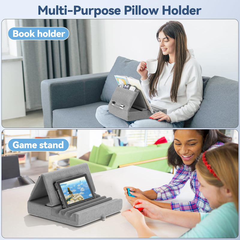[AUSTRALIA] - KDD Tablet Pillow Holder, Foldable iPad Stand for Lap, Bed and Desk -Tablet Soft Pad Dock with Pocket & Stylus Mount Compatible with iPad Pro 12.9, 10.5, 9.7 Air Mini 6 5 4 3, Galaxy Tab, E-Reader Gray 