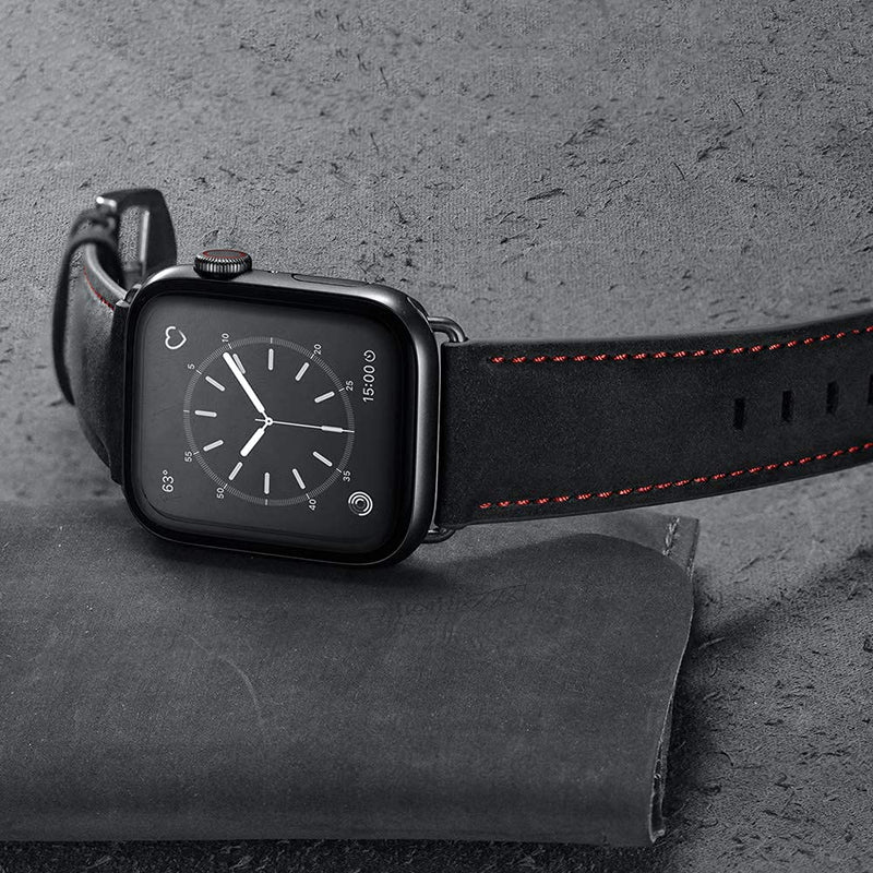 Bundle Leather Band Compatible with Apple 44mm 42mm Mens Vintage Black Leather Strap Red Dot XL Dressy Bands with Black Buckle Adapters for iWatch 6 5 4 3 2 1 SE, 44 42mm Band
