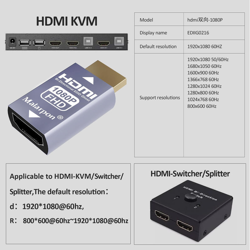 Hdmi Edid Emulator Passthrough 3rd Generrtion Aluminum fit Headlesskeep The EDID of The Monitor Active Switches and Extenders 1920x1080@59Hz 3P HDMI EDID 1080-3P