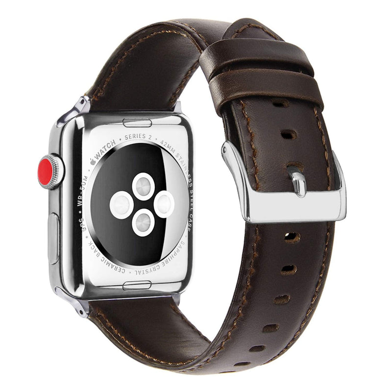 Speidel 38/40/41 and 42/44/45mm Genuine Luxury Black OR Brown Leather Band with Stainless Steel Adapters and Buckle Compatible for use with the Apple Watch. 38mm/40mm Brown w/Silver Adapter