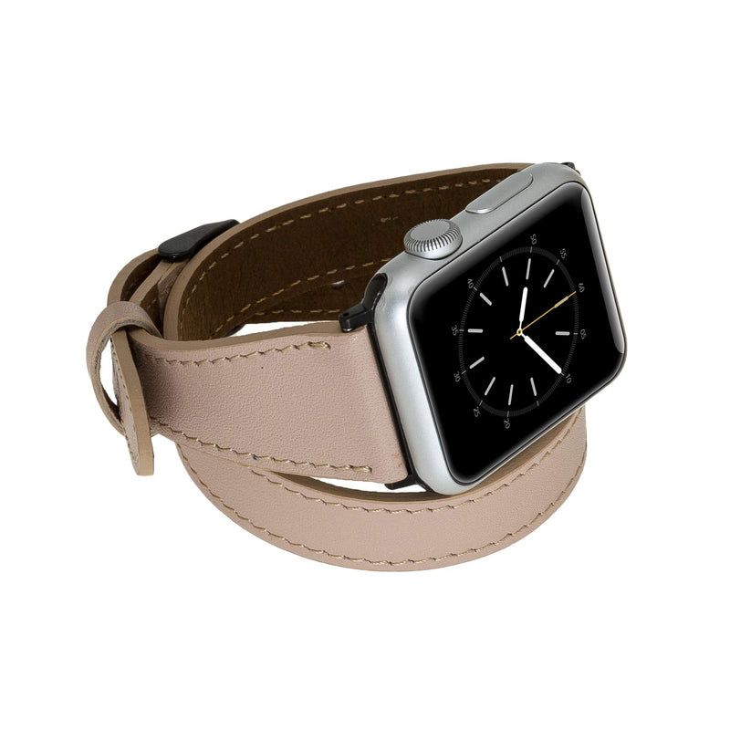 Venito Serena Slim Double Wrap Leather Watch Band Compatible with Apple Watch iwatch Series 1, 2, 3, 4, 5, 6, 7, SE (Nude Pink w/Black Stainless Steel Hardware, 42mm-44mm)