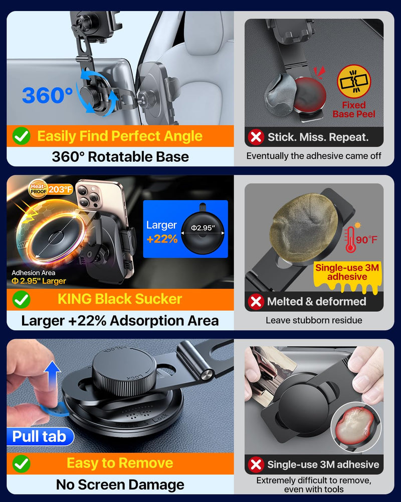 YRU [Military-Grade for Tesla Phone Mount & 360° Rotatable Suction] 2026 Upgraded Car Phone Holder Mount 【90+LBS Safest Strongest & Patent Certs】 for All Phones for Tesla Model 3 Y Cybertruck (Gray) Gray