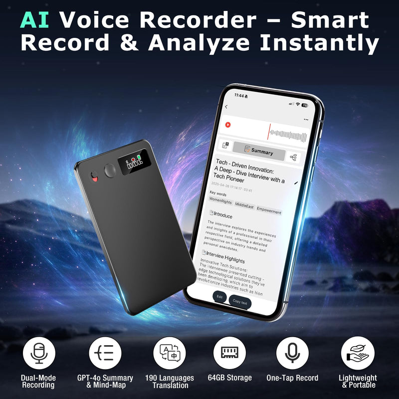 AI Voice Recorder, Audio Activated Recorder with Playback, App Control, Transcribe & Summarize with AI Technology, 190 Languages, 64GB Memory, Suitable for Lectures, Learning, Meetings, Calls Black