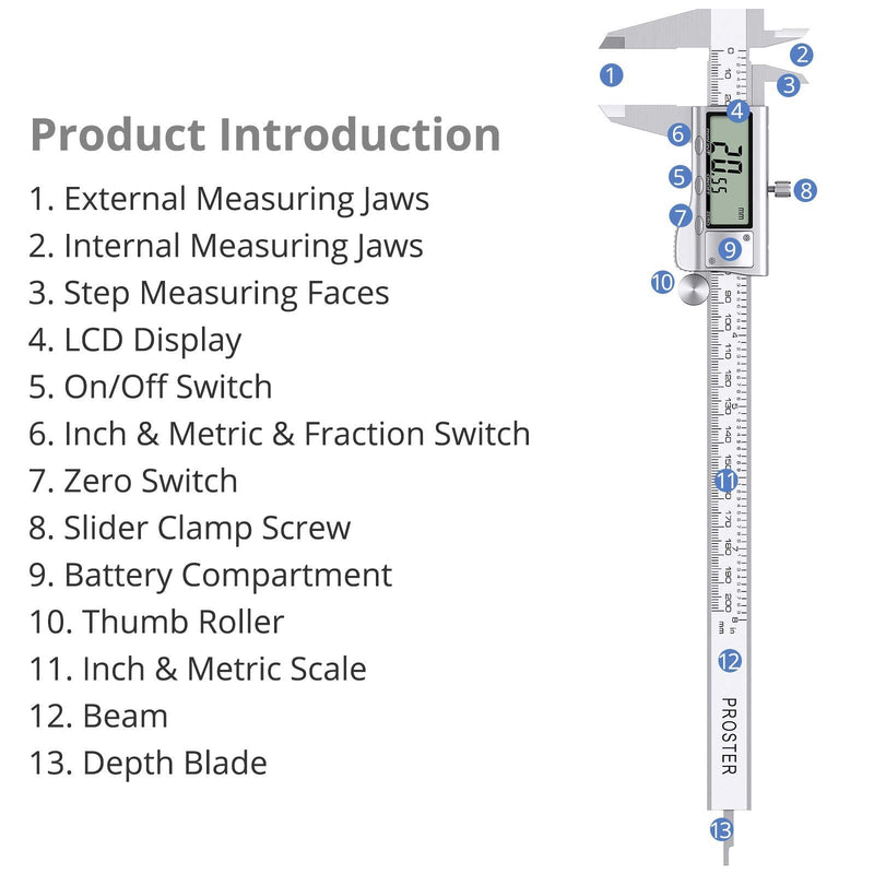 Proster Digital Caliper 8 Inch/200 mm + 32 Feeler Gauge Calliper Stainless Steel Electronic Caliper Inch/Fractions/Metric Caliper for Length Width Depth Inner / Outer Diameter 200 mm