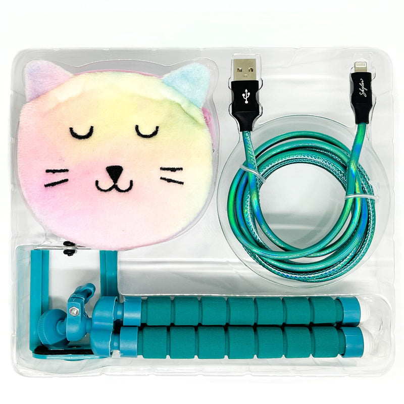 3-Piece Smartphone Accessory Kit for Kids – Flexible Tripod, 6ft. Charging Cable, Plush Cat Carrying Case (Lucky Kitty) – Vlogging, Influencer Kit for Kids Lucky Kitty Pouch