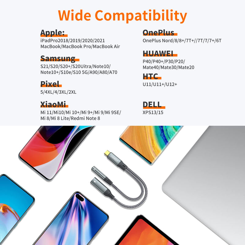 USB C to 3.5mm Headphone and Charger Adapter, 2-in-1 USB Type C to Aux Jack Dongle Cable with PD 60W Fast Charging for iPhone 15 Pro Max Plus, Samsung Galaxy S21 S22 S23 S24 Ultra, Note 20, iPad Pro Grey 1-Pack
