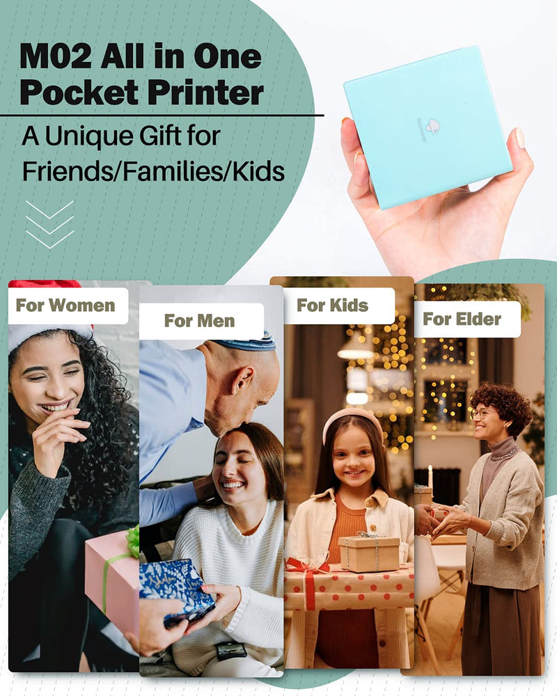 Phomemo Sticker Printer -M02 Mini Thermal Printer Bluetooth Sticker Maker with 3 Rolls Paper, for DIY Creation, Study Notes, Memo, List, Work Plan, Gift, Cyan 1 Printer + 3 Roll Papers