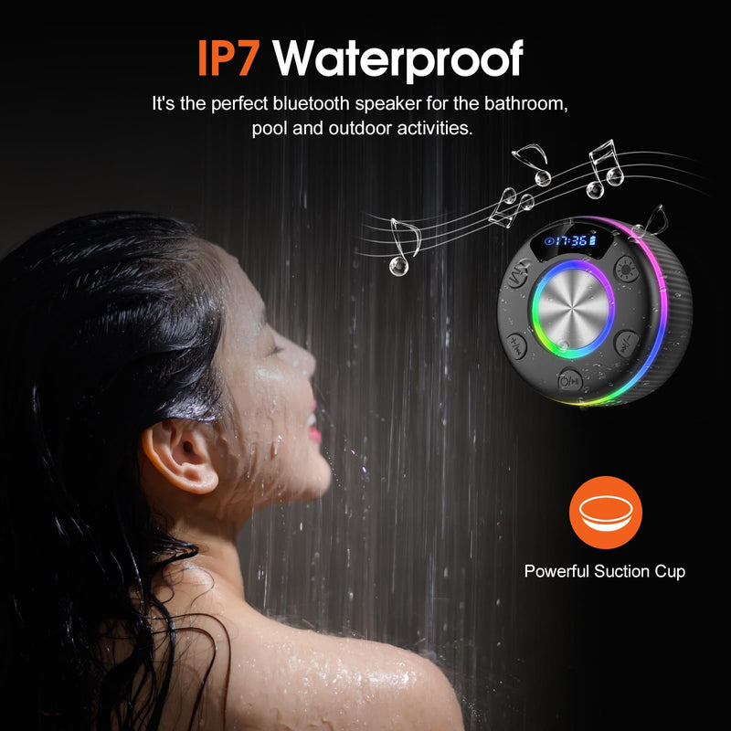 [AUSTRALIA] - Bluetooth Shower Speaker, IP7 Waterproof Portable Bluetooth 5.3 Speakers with Suction Cup, Mini Wireless Speaker with RGB Lights Time Display, Loud Stereo Sound for Bathroom Beach Outdoor Party Gift Sleek Black 