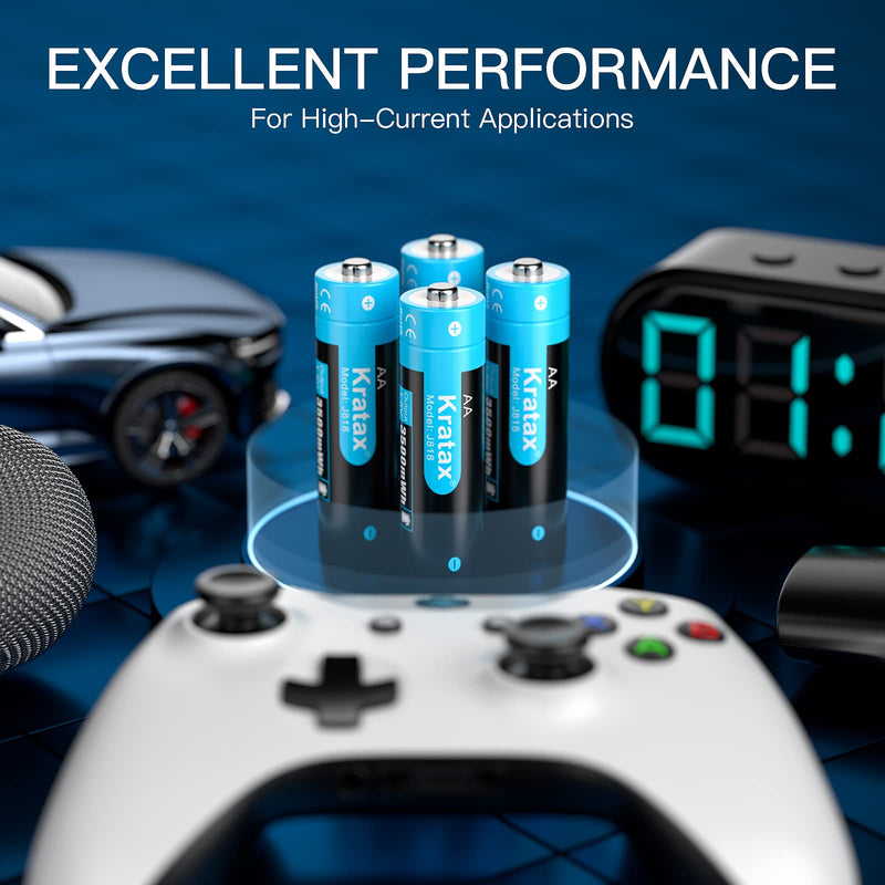 Kratax Rechargeable Lithium Batteries AA, 8 Pack 1.5V Li-ion Batteries with 2H Fast Charge, 3500mWh High-Capacity, 1600 Cycles, Long-Lasting, 3A Current Output, Constant Voltage Output for Household 8 AA batteries & Charger