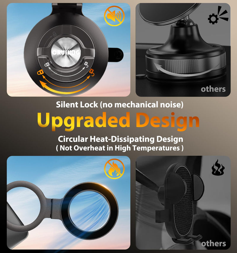 Upgraded Lock/Suction Cup Vacuum Magnetic Phone Holder，Adjustable&Foldable&Portable Zinc-Alloy Magnet Suction Phone Mount for Your Car/Dashboard/Desk/Windshield/Gym/Mirror,for iPhone Android