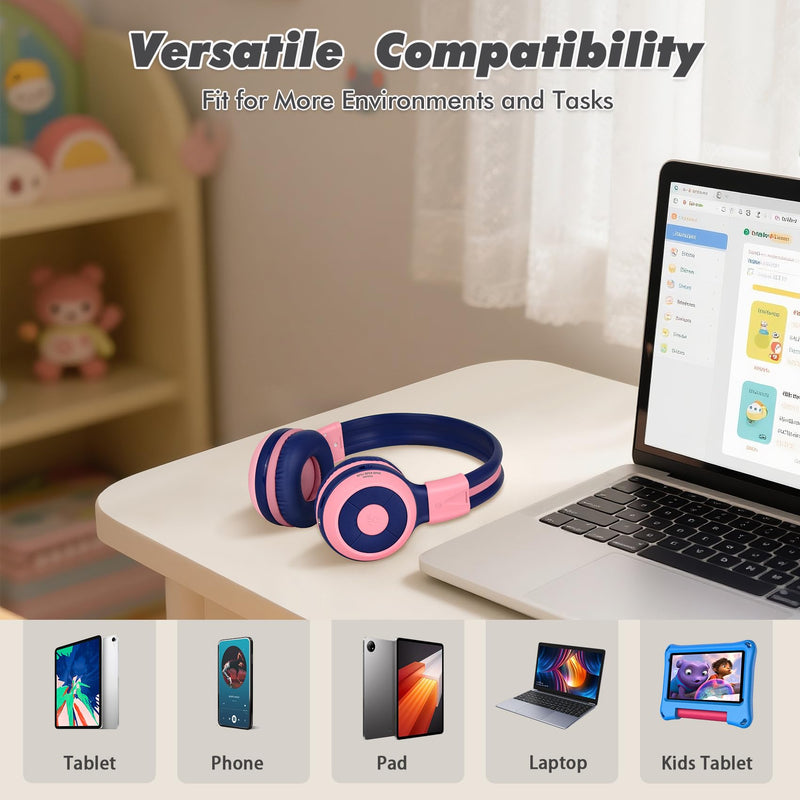 SIMOLIO Wireless Headphones Girls, Bluetooth Foldable Childrens Headphones with Mic and Volume Limited, Over-Ear Stereo Headset for Fire Tablet iPad School Travel Airplane Cellphones, Wired Mode Pink Bubblegum Pink