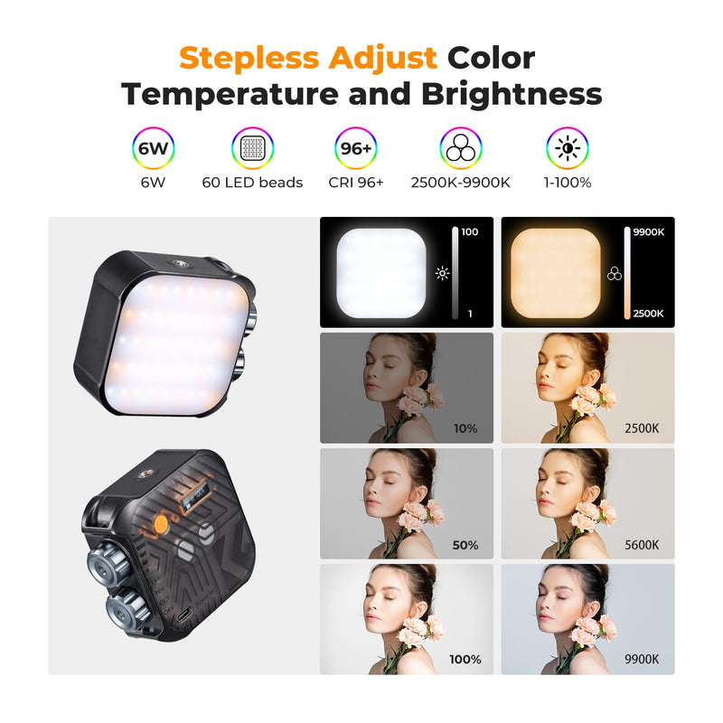 K&F Concept RGB Video Light, 360° Full Color Portable Photography Light, LED Camera Light w 21 Light Effects, 2500K-9900K CRI 96+, 2000mAh Rechargeable Photography Lighting for Vlogging, Selfie, Black