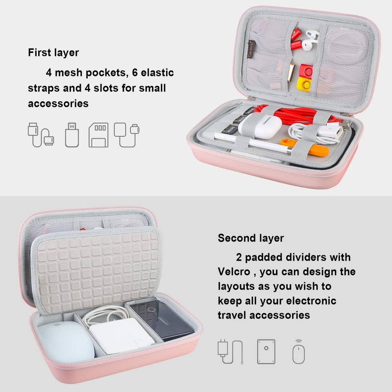 Hard Electronic Organizer Travel Case Electronics Accessories Cable Gadget Wire Storage Bag Double Layer Shockproof Box for Charger, Cord, Flash Drive, Apple Pencil, Power Bank, Rose Gold