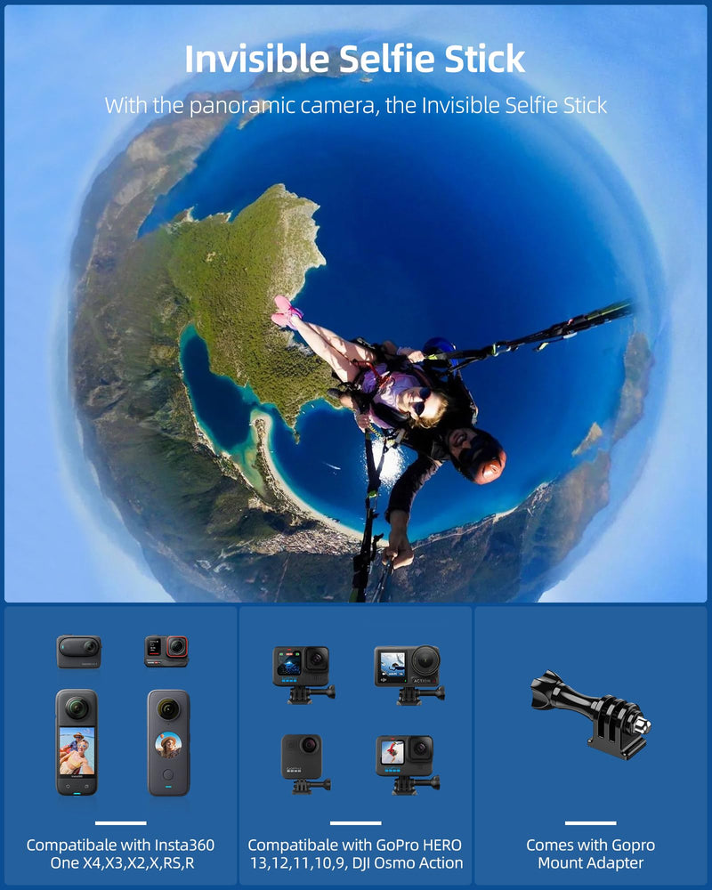 60"/1.5m Invisible Selfie Stick Carbon Fiber, 5ft Extended Long Pole Compatible with Insta360 X4 X3 ONE X2, ONE R, ONE X, ONE GO 3S 3 2 Action 360 Camera (14.2 to 60")