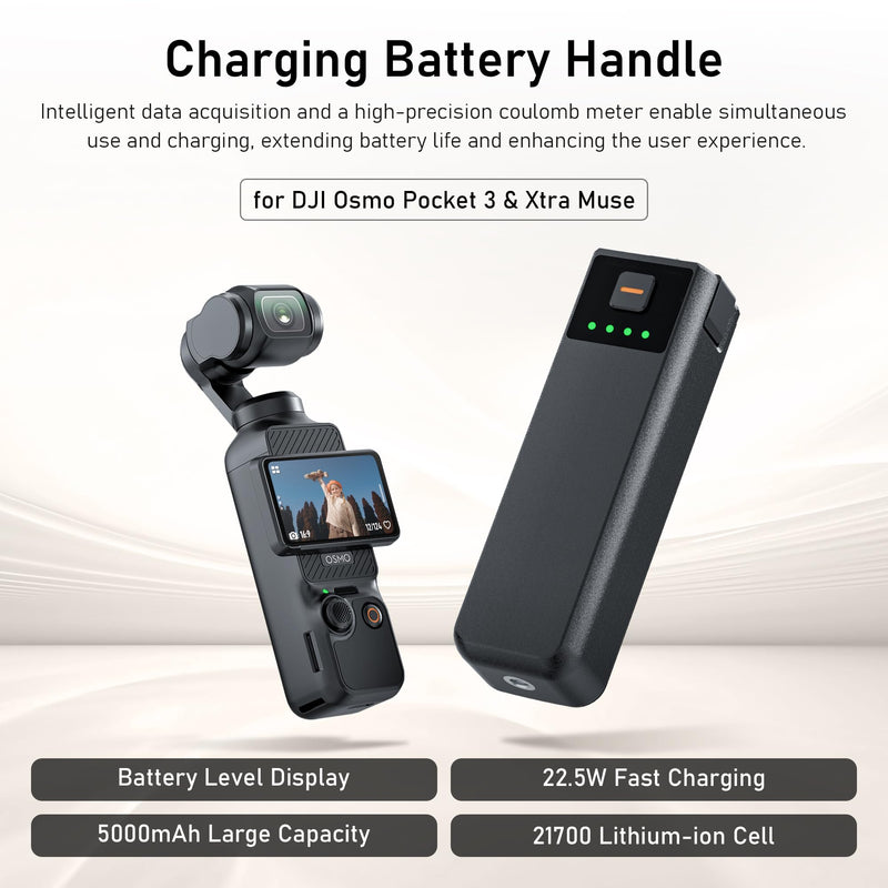 [AUSTRALIA] - CYNOVA Osmo Pocket 3 Battery Handle for DJI Osmo Pocket 3 Accessories, Pocket 3 Battery Grips Compatible with Xtra Muse, 5000mAh 22.5W Fast Charging Power and Reserved 1/4”Thread 