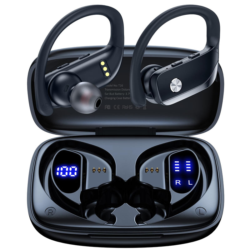 bmani 2 Sets Wireless Earbuds Bluetooth Headphones 48hrs Play Back Sport Earphones with LED Display Over-Ear Buds with Earhooks Built-in Mic Headset for Workout Black + Purple