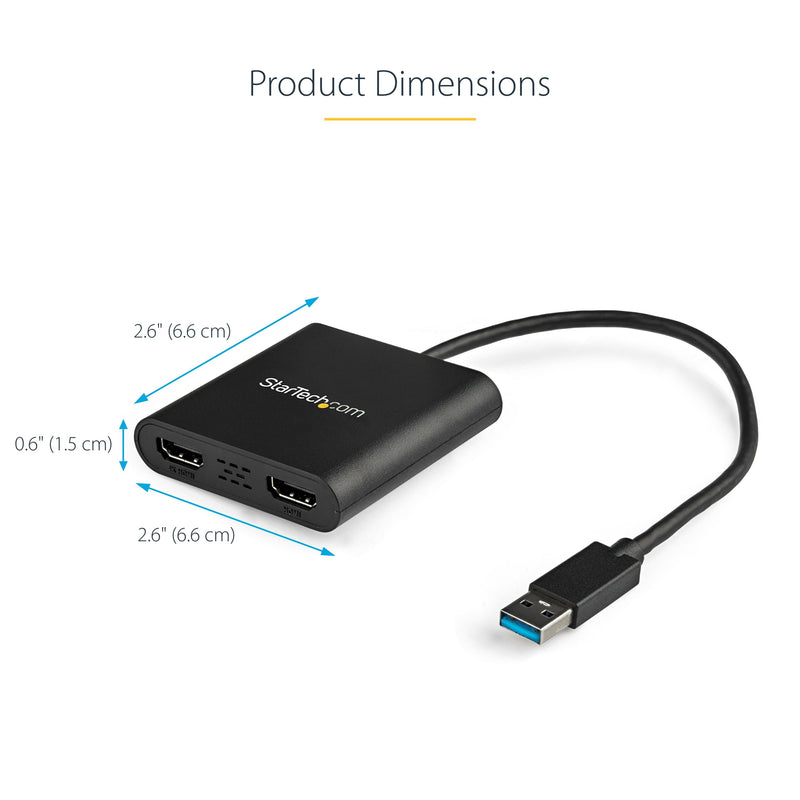 StarTech USB-A 3.0 to Dual HDMI Adapter, 4K 30Hz + 1080p 60Hz, Windows only | USB 5Gbps to 2x HDMI external graphics, 1x 4K 30Hz + 1x 1080p 60Hz, Extend or mirror