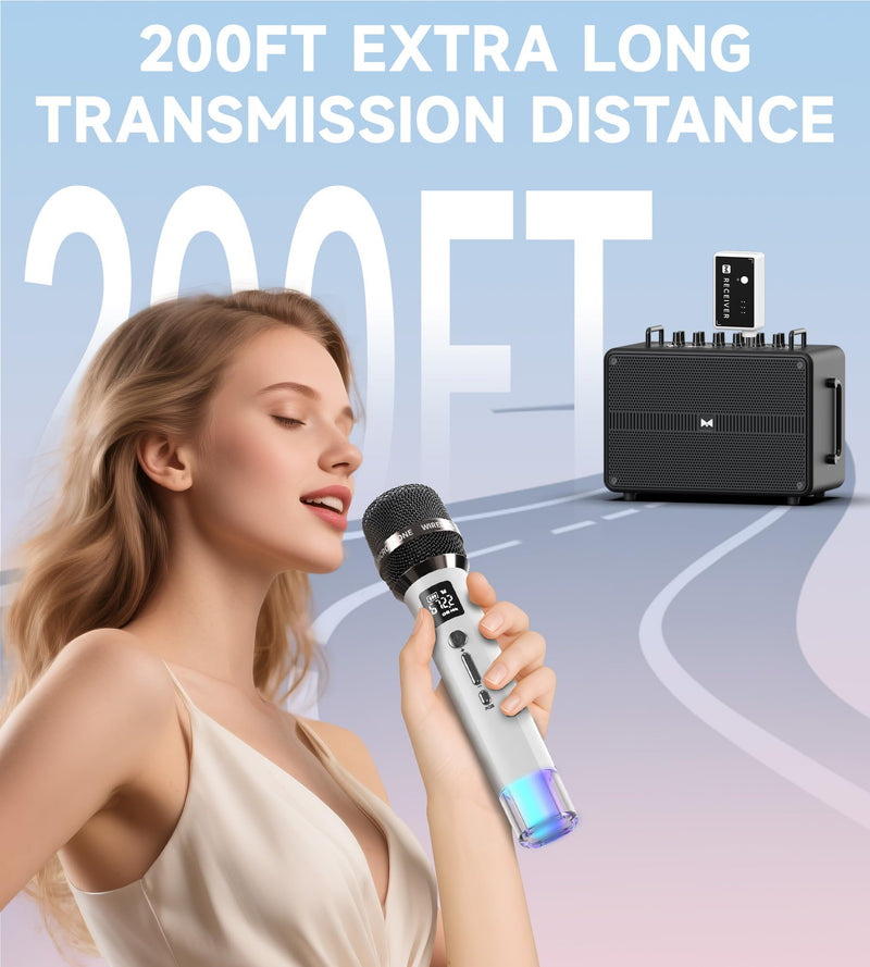[AUSTRALIA] - Wireless Microphones, Microphone with One-to-One Chip Connection and LED Lights, 40H Duration, 200FT Range Receiving, Volume Control Karaoke Microphone for Singing, Speech, Home Party, YouTube/TikTok White 