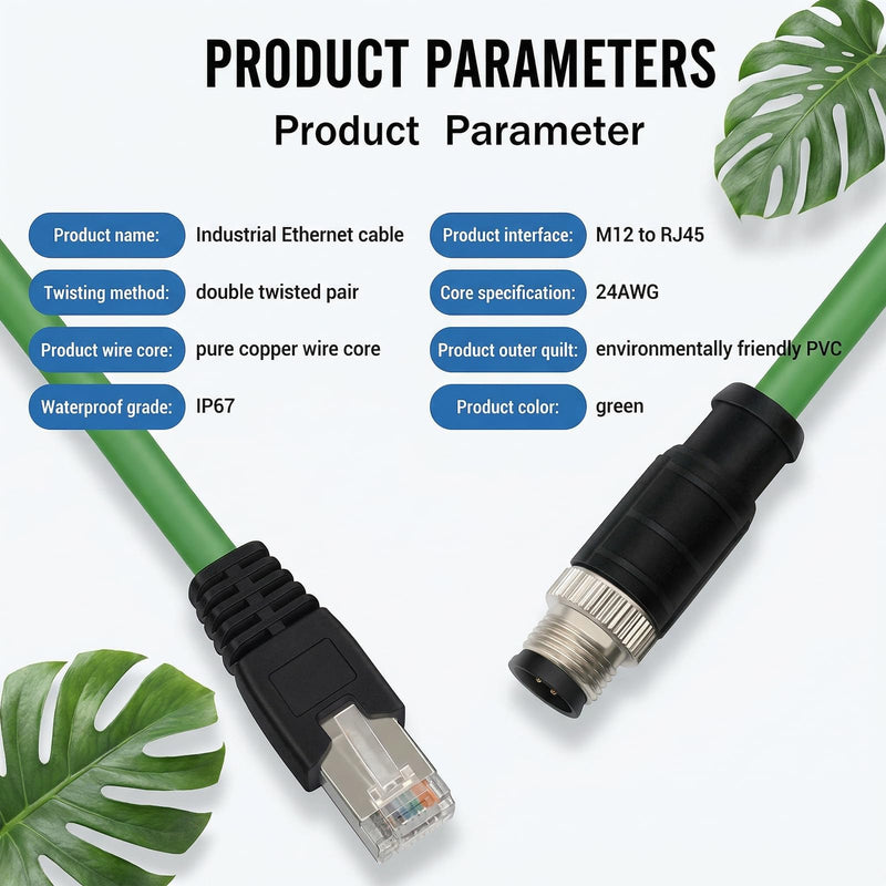 M12 D Code 4 Pin Male to RJ45 Plug High Flex Cat5e Industrial Ethernet PVC Cable for Automation Application 10M Green