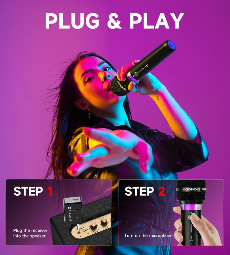 [AUSTRALIA] - Wireless Microphone, Rechargeable Wireless Microphones with One-to-One Chip Connection and LED Lights, 40H Duration, 200FT Range Receiving, Less Latency Karaoke Microphone for Singing, Speech, Party 