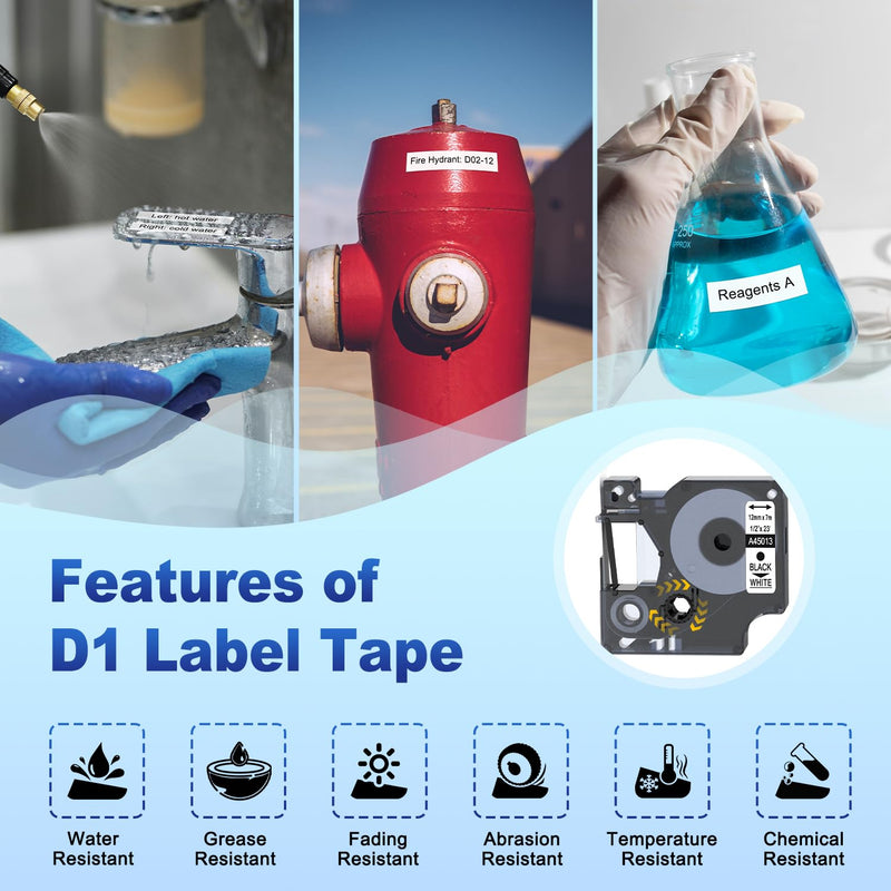 [AUSTRALIA] - 6-Pack Compatible Dymo D1 Label Tape 45013 1/2 Inch x 23 Ft Replace DYMO Label Maker Refills d1 a45013 S0720530, Black on White, for Dymo LabelManager 160 280 210D 360D 420P PnP 1/2 inch x 23 feet(12mm x 7m) 