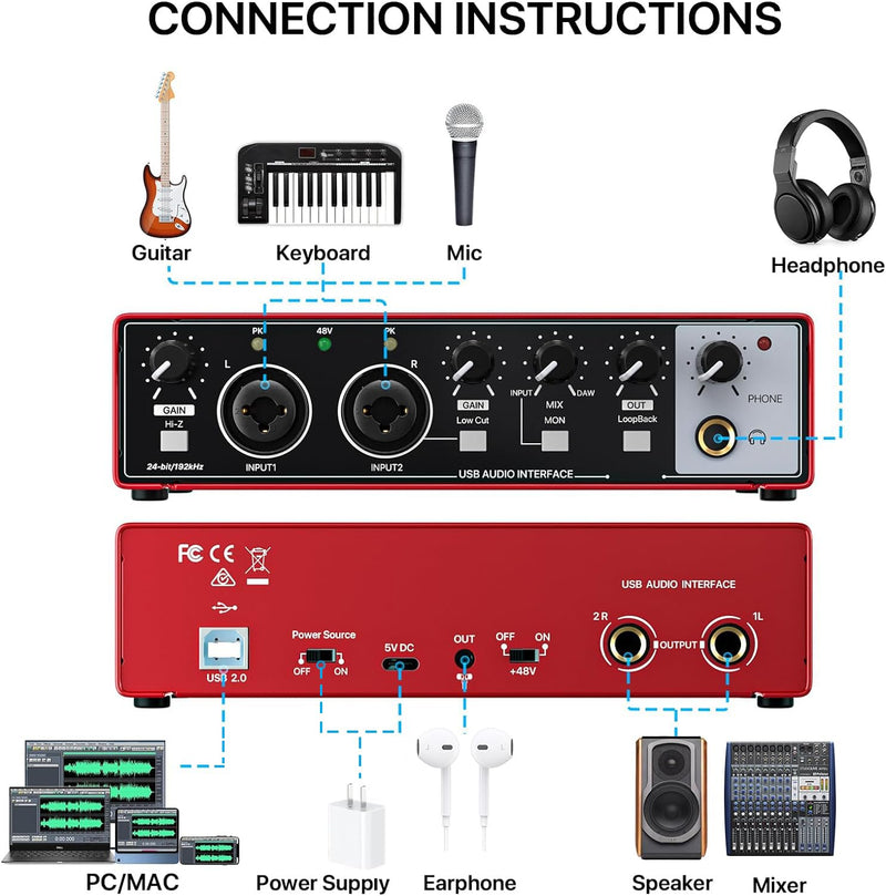 [AUSTRALIA] - USB Audio Interface for PC Computer Recording Music, Red 2x2 Guitar Audio Interface for Mac 24Bit/192kHz Podcasting Streaming for Vocalist Producer with 48V Phantom Power 