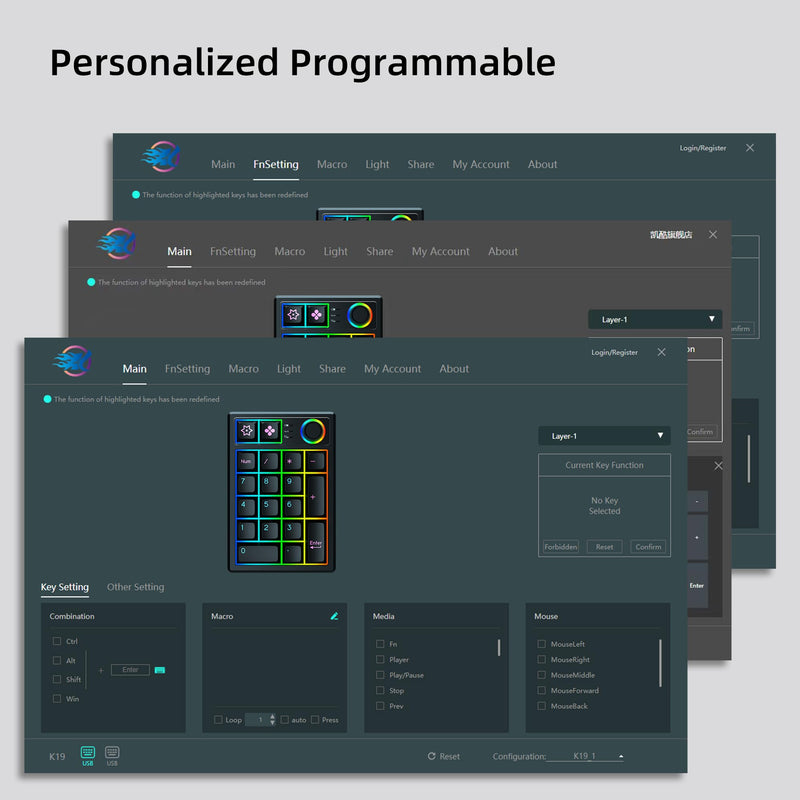 K19 Wireless Numeric Keyboard, Mechanical Number Keypad Hot-swappable Bluetooth Numpad 5.0/2.4GHz, RGB Multi-Function Knob Numerical Keyboard for Laptop Mac Win iOS Android Black