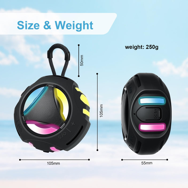 [AUSTRALIA] - Bluetooth Shower Speaker Waterproof, Portable Bluetooth Speakers Wireless, Outdoor, Floating IPX7, Built-in Mic, 24H Playtime with LED Lights, Loud HD Sound, Powerful Bass, Gifts for Unisex - Black 