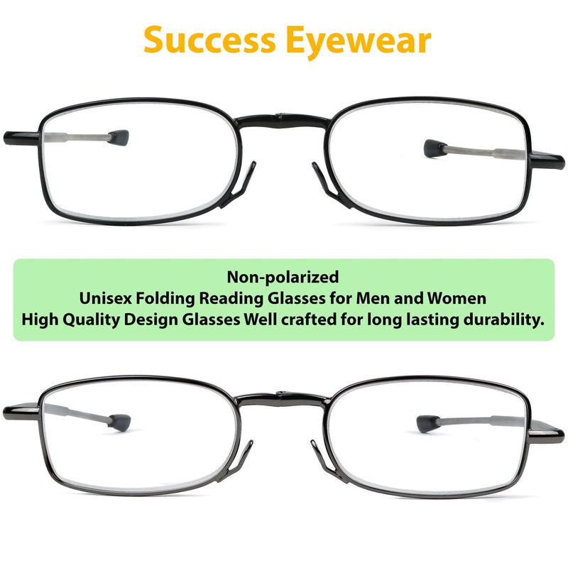 Reading Glasses 2 Pair Black and Gunmetal Readers Compact Folding Unisex Glasses for Reading Case Included Bundle: Set of Black and Gunmetal With 2 Cases 2.5 x